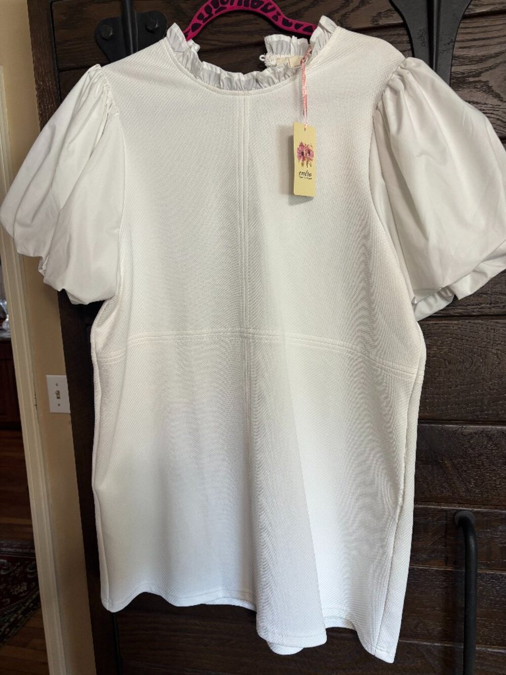 Entro Women's White Ruffle Neck Puff Sleeve Mini Dress - Size L